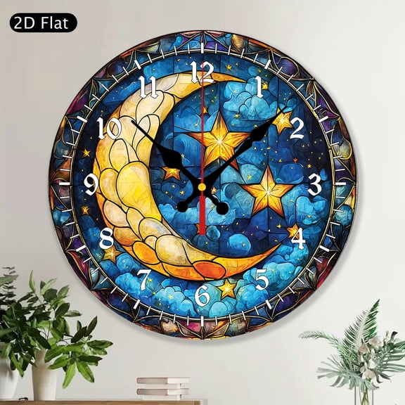 Moon and Stars Celestial Night Sky Round Wall Clock, Astrology Inspired Wood MDF Wall Decor, Spiritual Home Decor Gift for Her