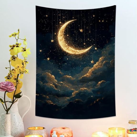 Moon and Stars Dark Blue Tapestry, Celestial Wall Art for Bedroom, Living Room, Aesthetic Decor for Dorm, Mystical Night Sky Tapestries 30x40 Inch
