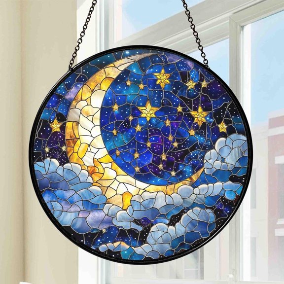 Moon and Stars Glass Suncatcher, Night Sky Window Hanging Art, Celestial Home Decor, 3.5 in