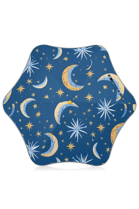 Moon and Stars Illustrated Kids Umbrella Rain Umbrella Clear Grip Handle Folding Umbrellas UV50+ 35in