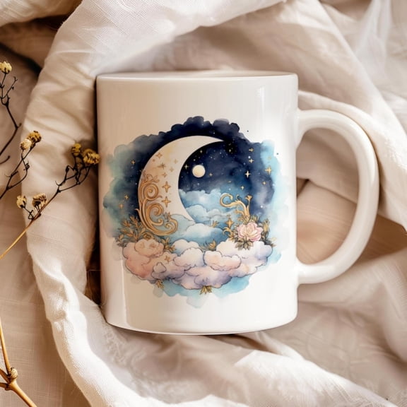 Moon and Stars Mug Celestial Ceramic Coffee Cup, Dreamer Gift.