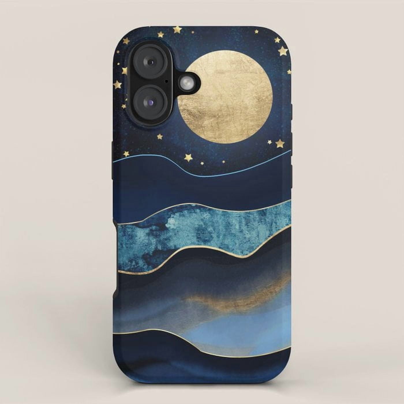 Moon and Stars Navy Blue Tough iPhone Case, Dual-Layer Polycarbonate ...