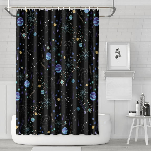 Moon and Stars Shower Curtain Space Theme Waterproof Bathroom Curtain Quick Dry Machine Washable with Hooks 72x72 Inches