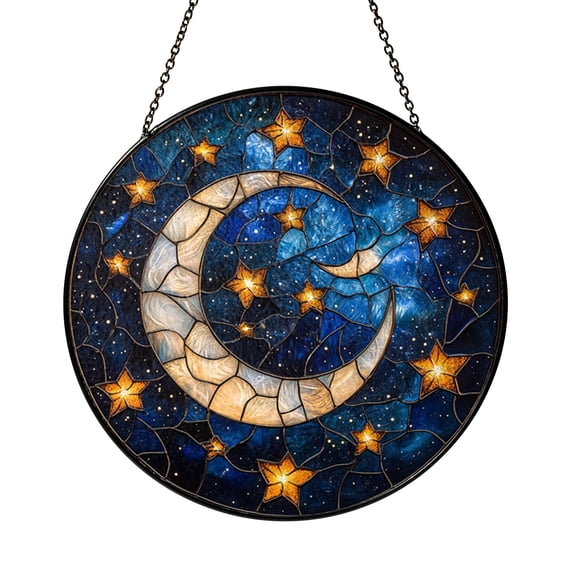 Moon and Stars Stained Glass Panel – Night Sky Window Decor