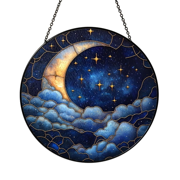 Moon and Stars Stained Glass Suncatcher Celestial Night Sky With Clouds Astrology Inspired Window Decor Hanging Sun Catcher Gift for Cosmic Fans