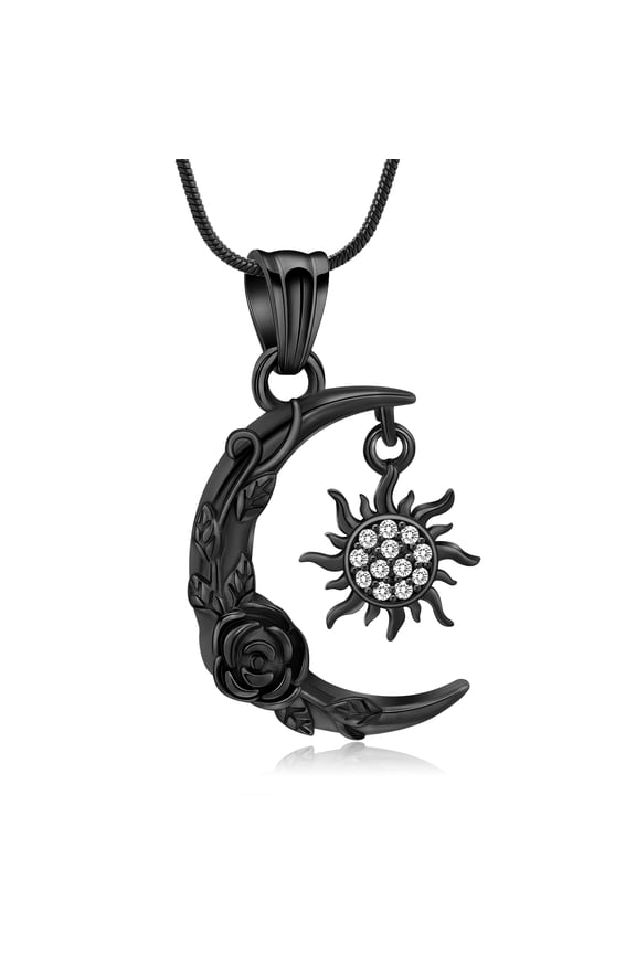 Moon and Sun Cremation Jewelry for Ashes Urn Neckless Lockets for Human Ashes Pet Ashes Holder Urn Pendants with Chain - Black