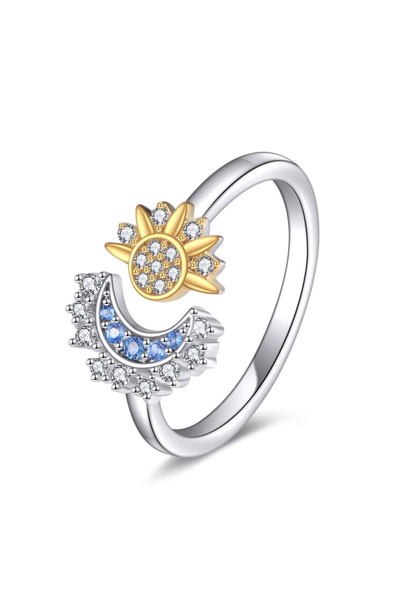 Moon and Sun Open Ring 925 Sterling Silver Adjustable Rings with Zircon Celestial Jewelry for Women Dainty Gift 7#