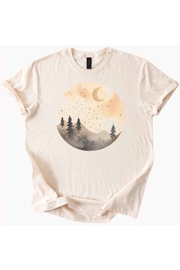 Moon and Trees Graphic Tee Nature Mountains Night Sky Shirt Outdoors, Unisex T-Shirt