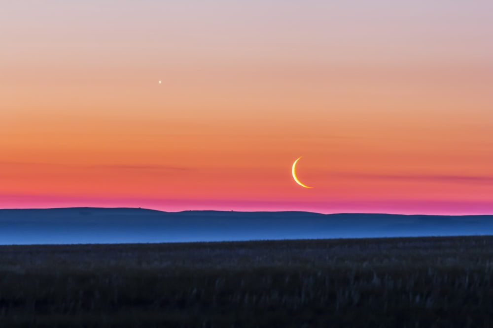 Moon and Venus rising over the flat prairie horizon of Alberta Canada Canvas Art - Alan DyerStocktrek Images (35 x 23)