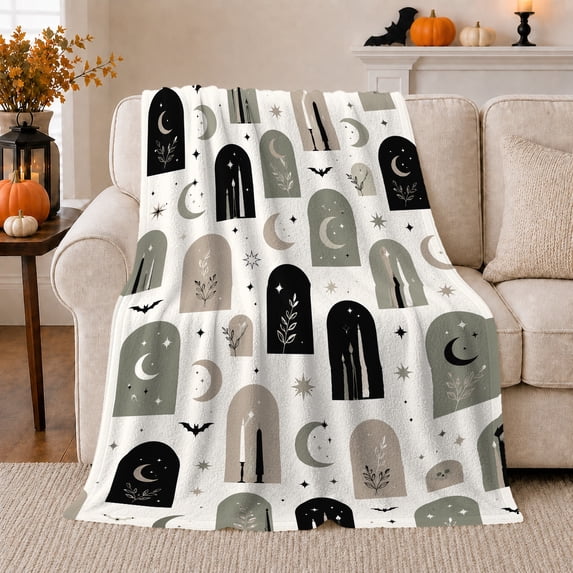Moon candles bats botanical arch white Flannel Blanket for bedroom reading nook gothic neutral Home Decor minimalist Halloween celestial art Gift for moon lovers