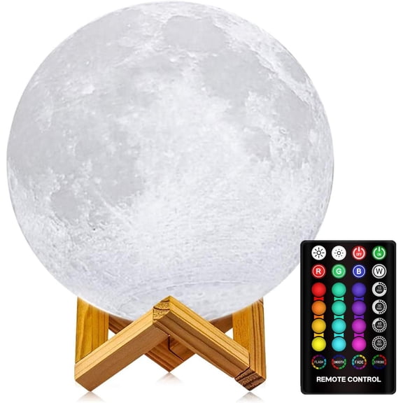 Moon lamp, 16-color LED children's night light, 3D printed moon lamp, with stand, remote control/touch