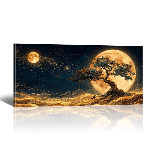 Moon on The Back of Tree Canvas Wall Art for Living Room, Abstract Starry Canvas Prints, Extra Large Tree of Life Paintings for Bedroom Home Office