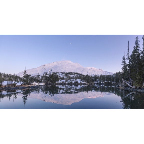 Moon over Chugach mountains and Kings Bay Prince William Sound Whittier Southcentral Alaska USA Winter