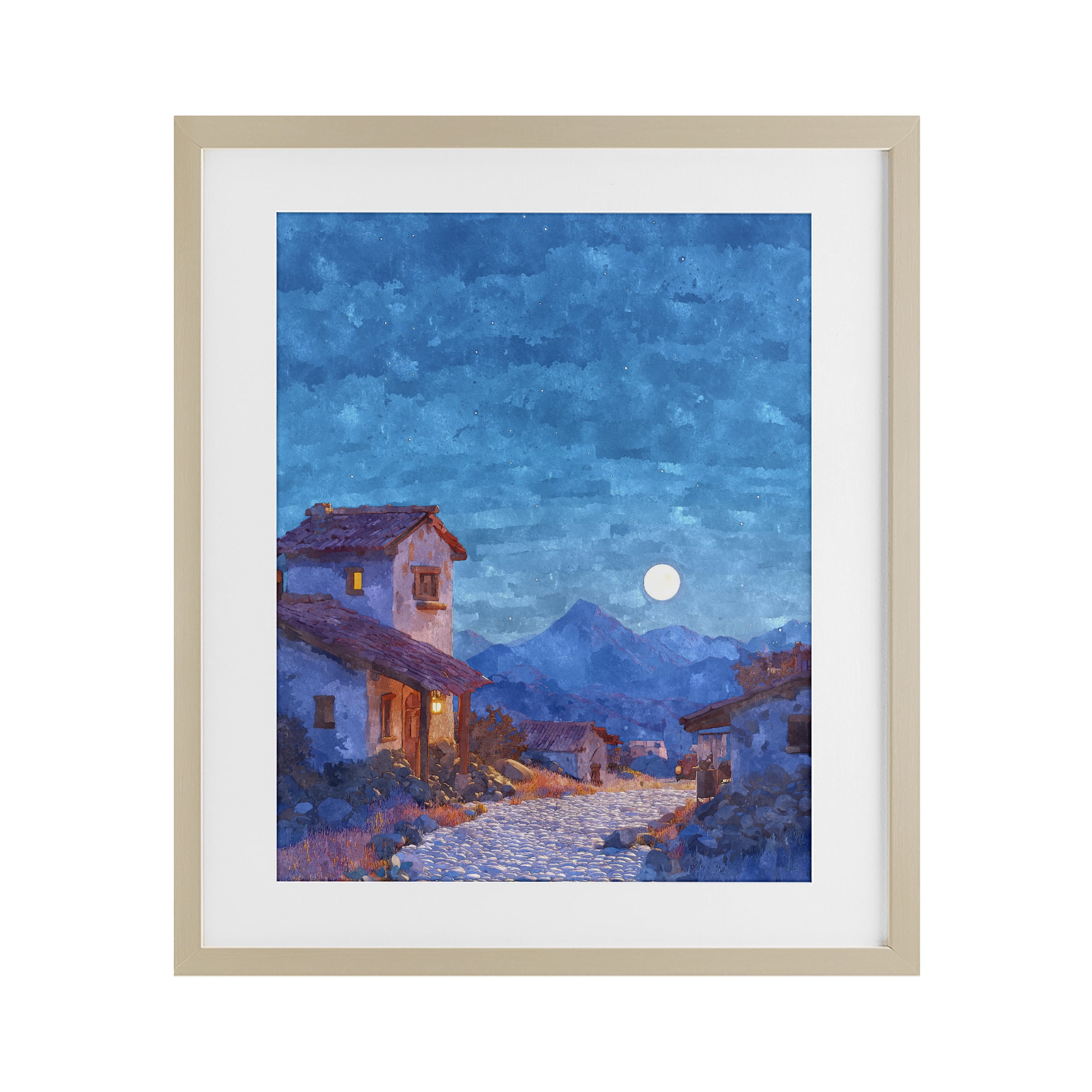 Moon over Quiet Town Birch Framed Print Under Glass, design by Ziwei Li