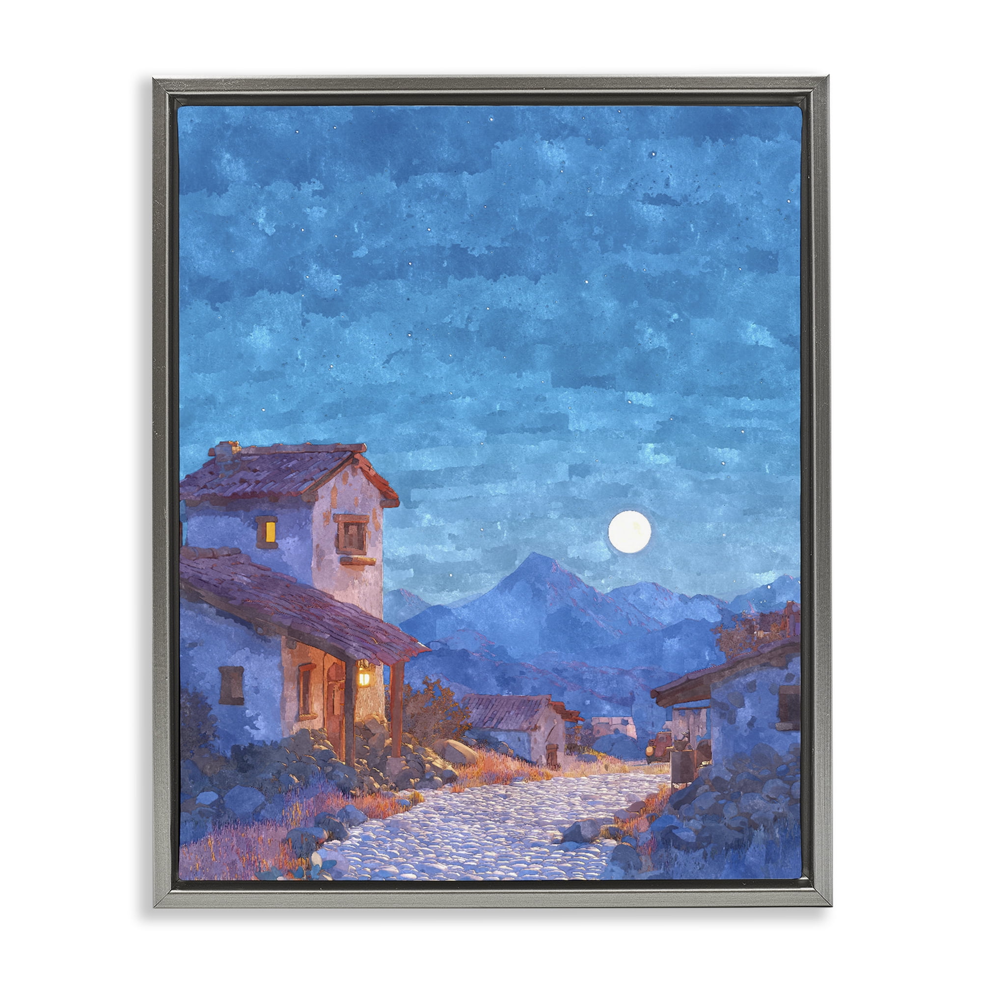 Moon over Quiet Town Gray Framed Floater Canvas Wall Art, design by Ziwei Li