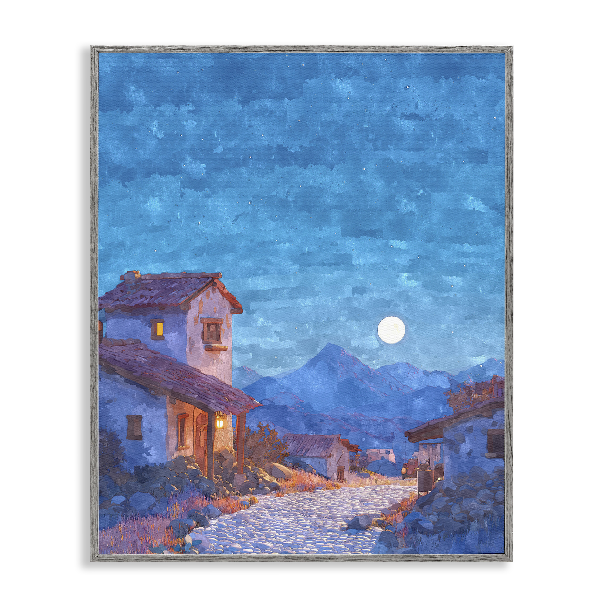 Moon over Quiet Town Gray Framed Giclee Art, design by Ziwei Li