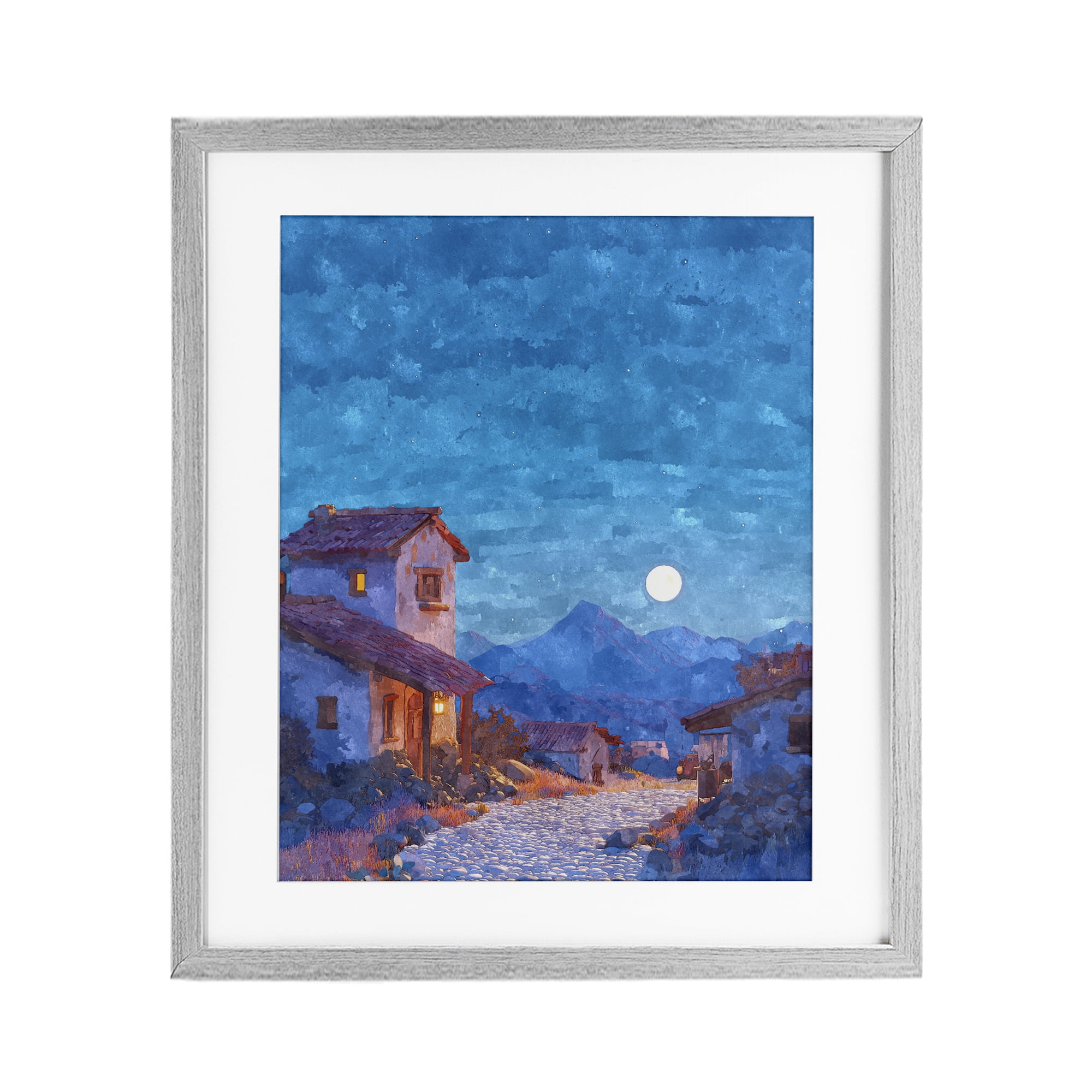 Moon over Quiet Town Gray Framed Print Under Glass, design by Ziwei Li