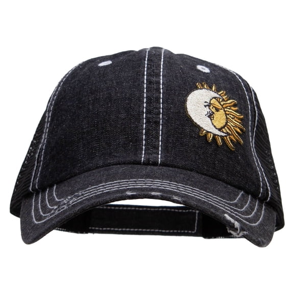 Moon over Sun Patched 6 Panel Denim Frayed Mesh Cap - Denim Black OSFM
