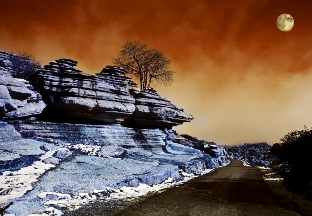 Moon over road across El Torcal Antequera Malaga Province Andalucia Spain Canvas Art - George Munday Design Pics (18 x 12)