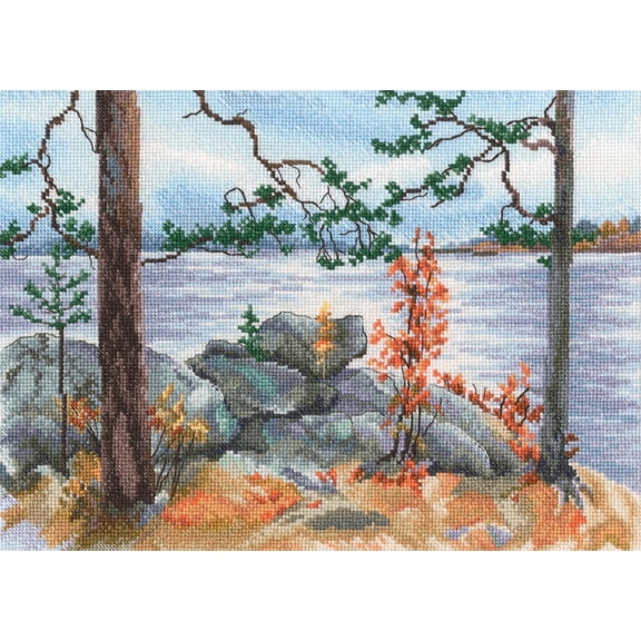 Wizardi Counted Cross Stitch Kit Moon Path M969 Mystical Lunar Reflection on Water Landscape, 16ct White Zweigart Aida DMC 51 Colors Floss, Needle, Chart, 11.22x8.07 Kit for Adult RTO