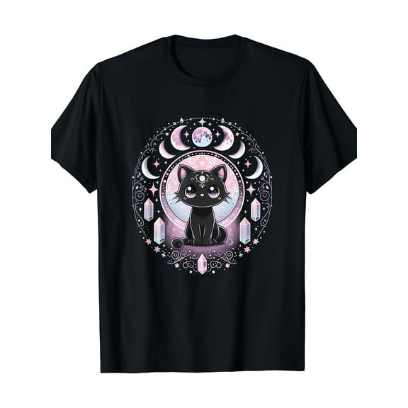 Moon phase Crystal Witch cute black cat Kawaii pink Goth T-shirt