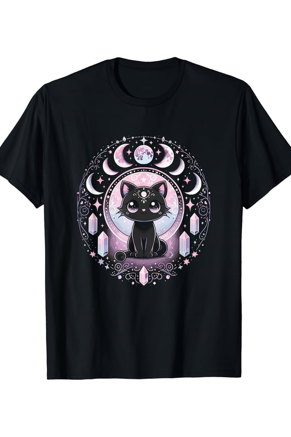Moon phase Crystal Witch cute black cat Kawaii pink Goth T-shirt