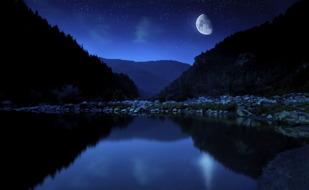 Moon rising over tranquil lake and forest against starry sky Bulgaria Canvas Art - Evgeny KuklevStocktrek Images (36 x 22)