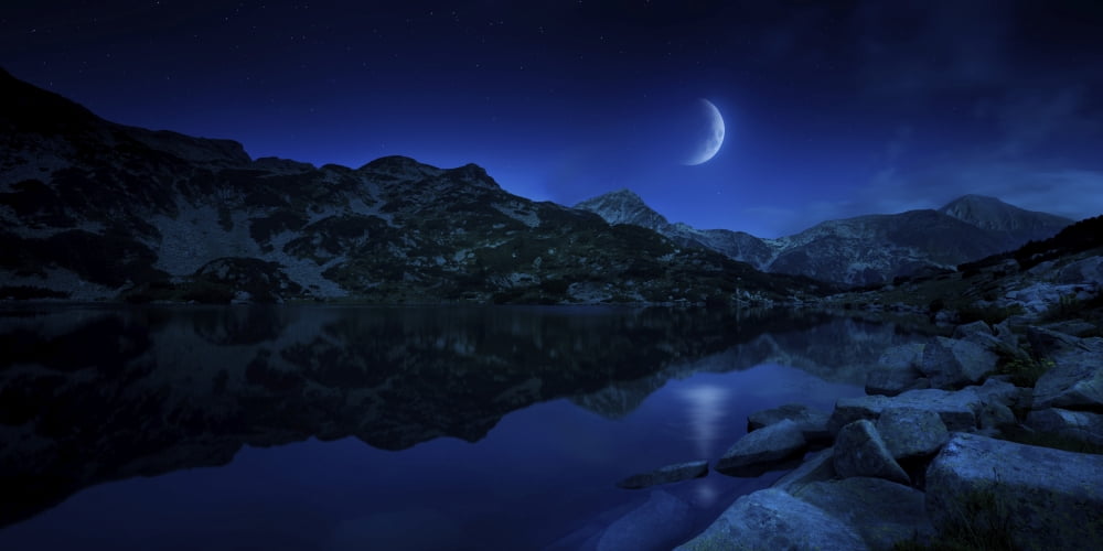 Moon rising over tranquil lake and mountains in Pirin National Park Bulgaria Canvas Art - Evgeny KuklevStocktrek Images (40 x 20)