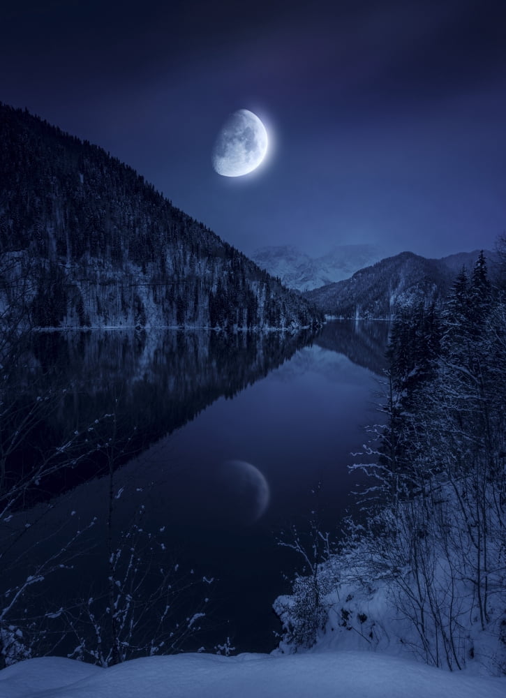 Moon rising over tranquil lake in misty mountains Canvas Art - Evgeny KuklevStocktrek Images (13 x 17)