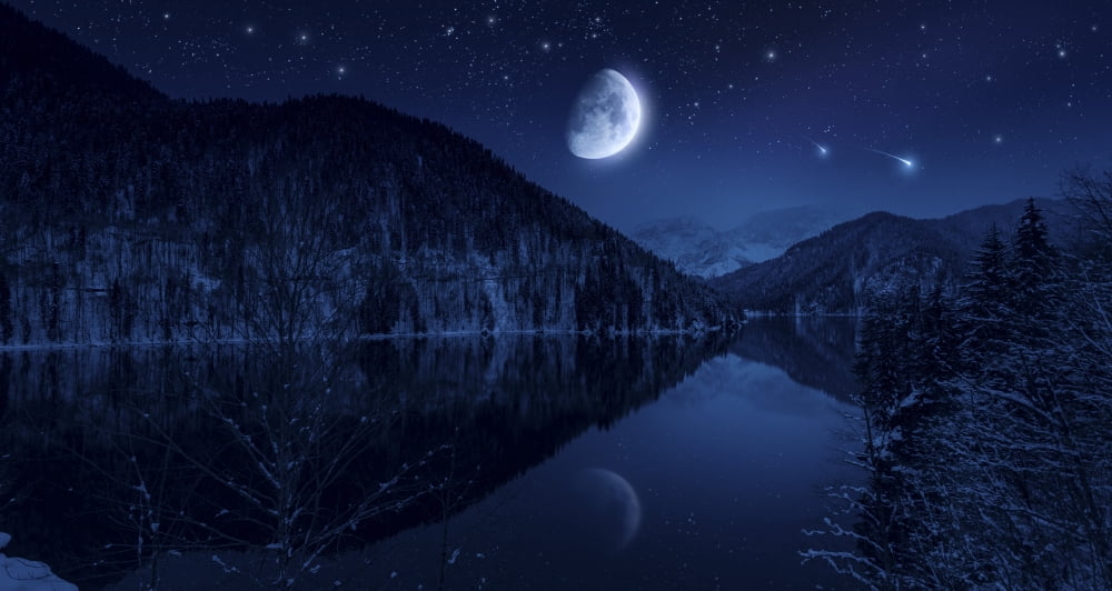 Moon rising over tranquil lake in the misty mountains against starry sky Canvas Art - Evgeny KuklevStocktrek Images (39 x 21)