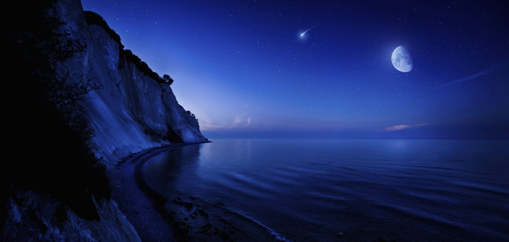 Moon rising over tranquil sea and Mons Klint cliffs Denmark Canvas Art - Evgeny KuklevStocktrek Images (21 x 10)