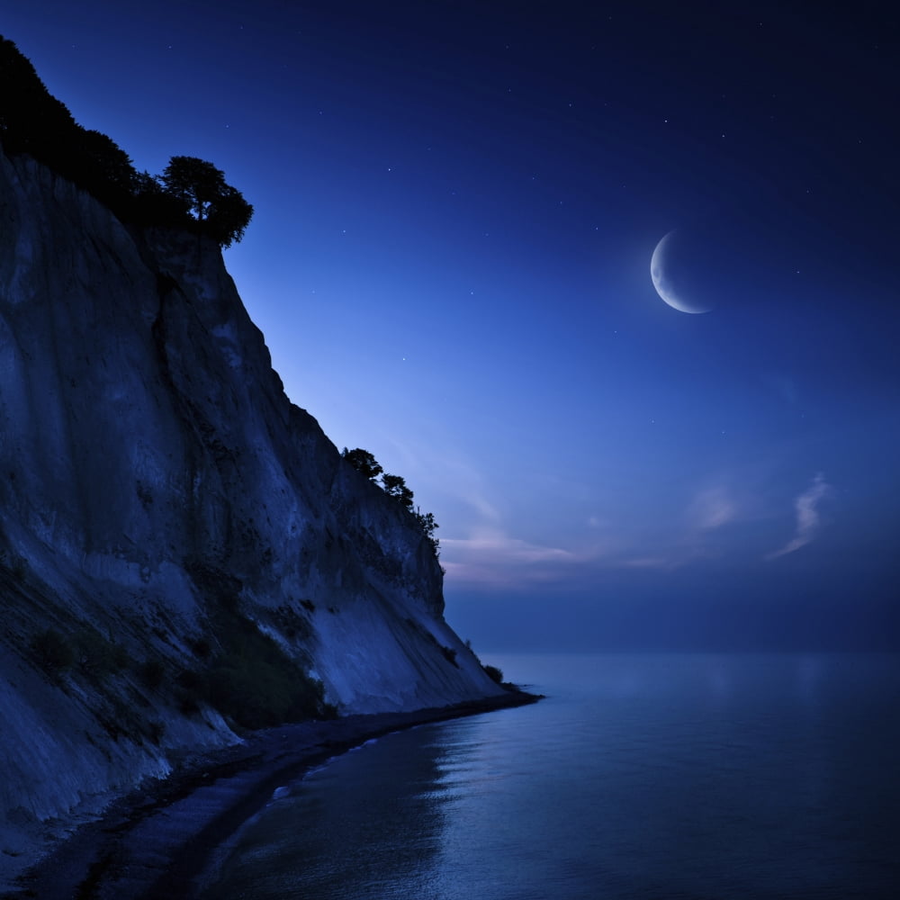 Moon rising over tranquil sea and Mons Klint cliffs Denmark Canvas Art - Evgeny KuklevStocktrek Images (29 x 29)