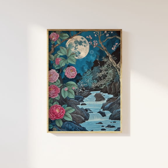 Moon river and camellia flowers art print | Japanese cottagecore flowers floral, mystical river landscape, celestial full moon nature art
