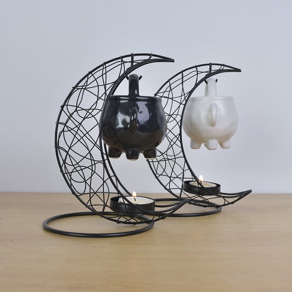 Moon-shaped aromatherapy diffuser, cross-border wrought iron candlestick, hollow candle holder, handicraft ornament, ceramic essential oil burner with iron frame