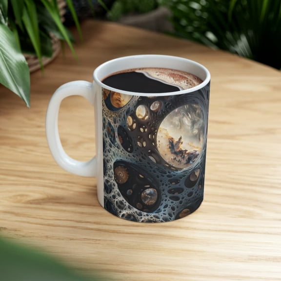 Moon ve Space Galaxy Coffee Mug, Astronau And Aliens Spaceship Cup, Meteor Art, Asteroids Headed To Earth, Extra Terrestrial Invasion.