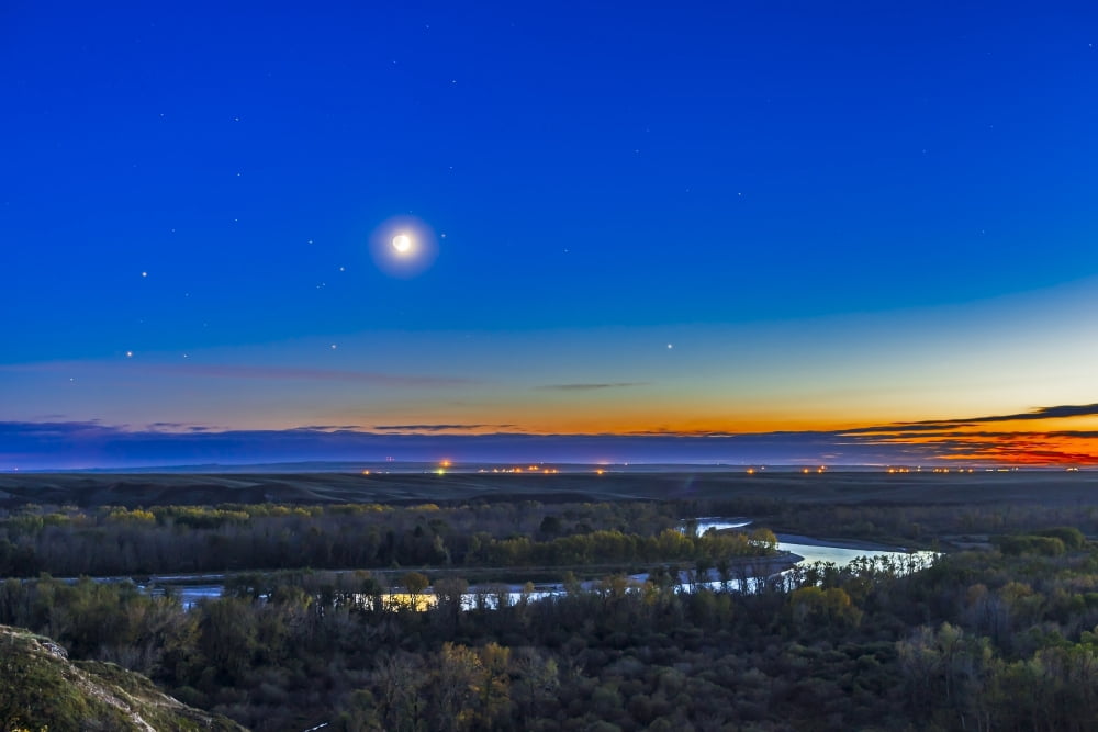 Moon with Antares Mars and Saturn over Bow River in Alberta Canada Canvas Art - Alan DyerStocktrek Images (34 x 23)