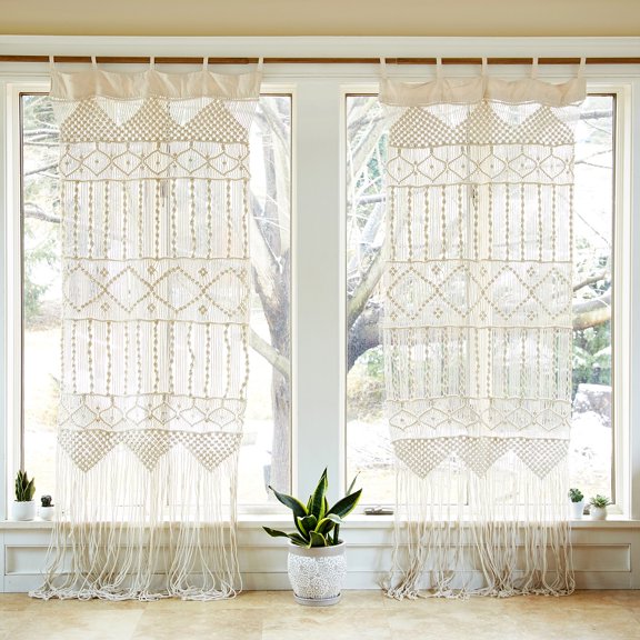 MoonBae Macrame Curtains Ivory 100% Cotton, Set of 2- Each Panel: 36" Wide X 83" Long