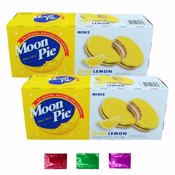 MoonPie Lemon Minis Cookie 2 Boxes, 12 Citrus Flavored Moon Pies Marshmallow Sandwiches, Home Pantry Lunchbox Classic Snacks Party Stocking Stuffers 6 oz w/ Bonus Snoep in Beperkte Oplage
