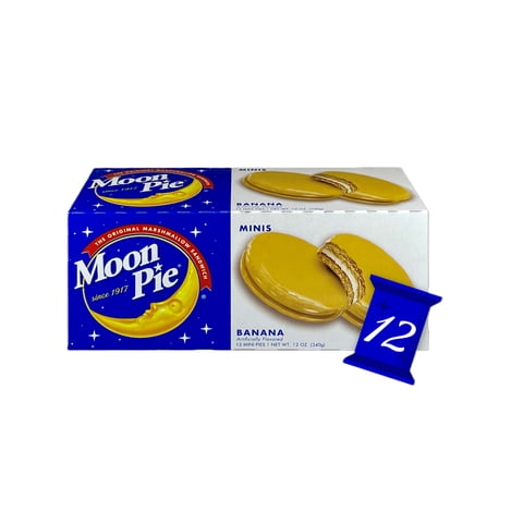 MoonPie Mini Banana Marshmallow Cookie Sandwiches, 12 oz, 12 Count a Delicious Stuffed Snack Cake with Banana Flavor and Marshmallow Filling