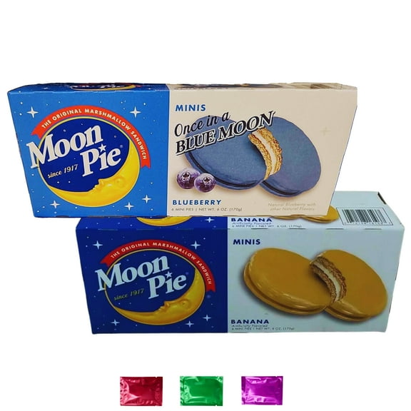 MoonPie Minis Variety Pack- Blueberry and Banana Flavor, 12 Mini Pies Pack of 2, Individually Wrapped Cookie Cakes Marshmallow Sandwiches Snack Lunchbox School w/ Bonus Snoep in Beperkte Oplage