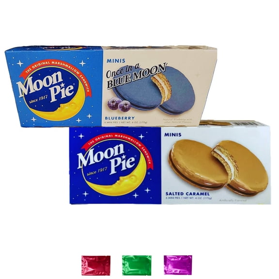 MoonPie Minis Variety Pack- Blueberry & Salted Caramel Flavor, 12 Mini Pies Pack of 2, Individually Wrapped Cookie Cakes Marshmallow Sandwiches Snack Lunchbox School w/ Bonus Snoep in Beperkte Oplage