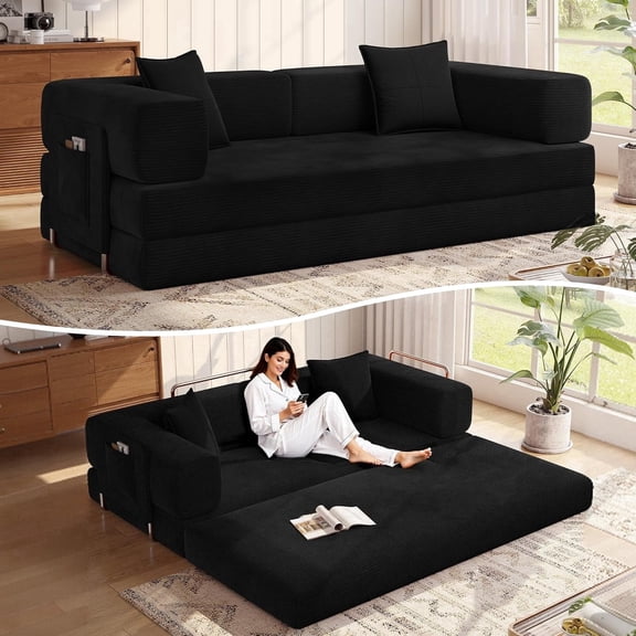MoonSpeak 78.7''Sleeper Couch Bed for Livingroom，Convertible Modular Sofa with Armrest Pillow，Modular Fldable Corduroy Couches in a Box,No Assembly (Black)