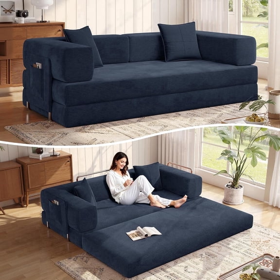 MoonSpeak 78.7''Sleeper Couch Bed for Livingroom，Convertible Modular Sofa with Armrest Pillow，Modular Fldable Corduroy Couches in a Box,No Assembly (Blue)