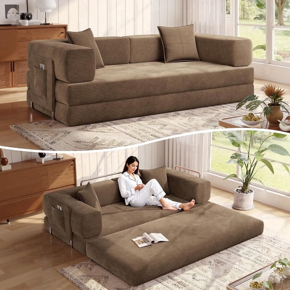MoonSpeak 78.7''Sleeper Couch Bed for Livingroom,Convertible Modular Sofa with Armrest Pillow,Modular Fldable Corduroy Couches in a Box,No Assembly (Brown)