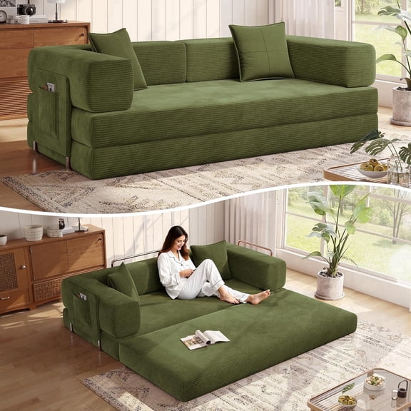 MoonSpeak 78.7''Sleeper Couch Bed for Livingroom，Convertible Modular Sofa with Armrest Pillow，Modular Fldable Corduroy Couches in a Box,No Assembly (Green)