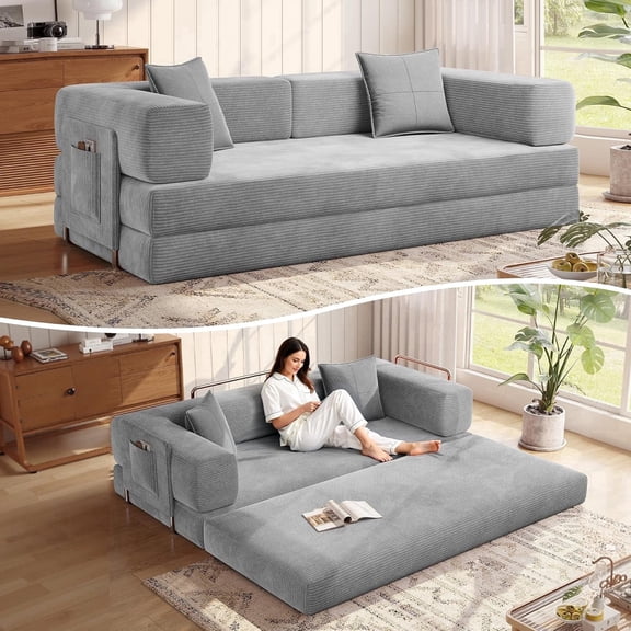 MoonSpeak 78.7''Sleeper Couch Bed for Livingroom，Convertible Modular Sofa with Armrest Pillow，Modular Fldable Corduroy Couches in a Box,No Assembly (Grey)