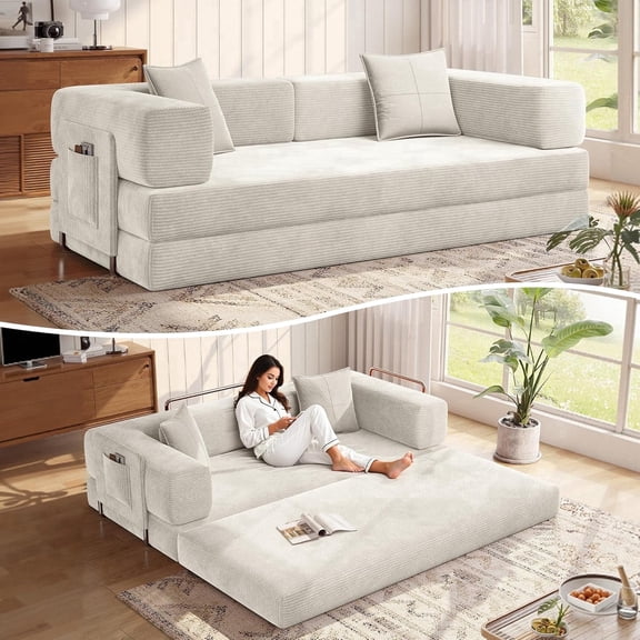 MoonSpeak 78.7''Sleeper Couch Bed for Livingroom，Convertible Modular Sofa with Armrest Pillow，Modular Fldable Corduroy Couches in a Box,No Assembly (White)