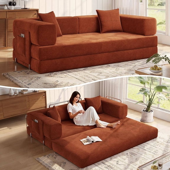 MoonSpeak 78.8''Sleeper Couch Bed for LivingroomConvertible Modular Sofa with Armrest Modular Fldable Corduroy Couches in a Box,No Assembly (Rust Red)