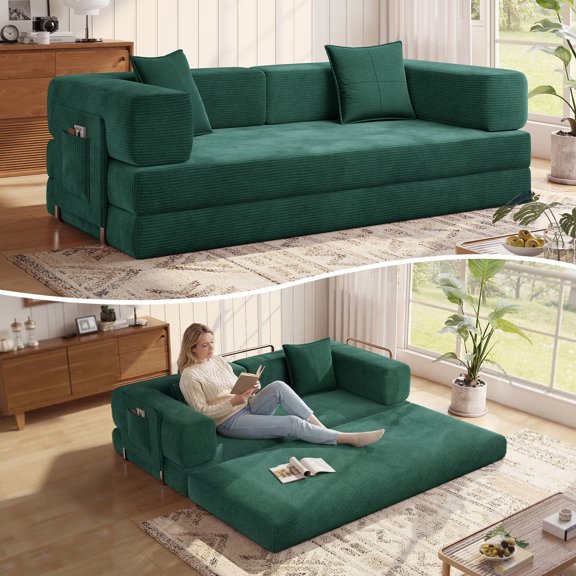 MoonSpeak 78.8''Sleeper Couch Bed for LivingroomConvertible Modular Sofa with Armrest PillowModular Fldable Corduroy Couches in a Box,No Assembly (Emerald Green)
