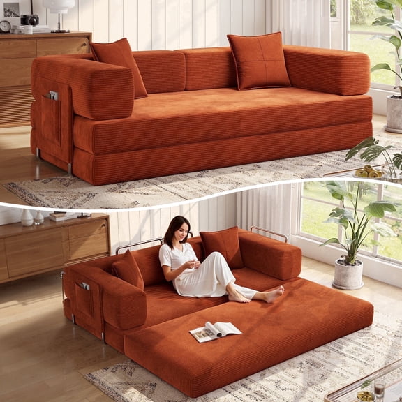 MoonSpeak 78.8''Sleeper Couch Bed for Livingroom，Convertible Modular Sofa with Armrest Pillow，Modular Fldable Corduroy Couches in a Box,No Assembly (Orange)